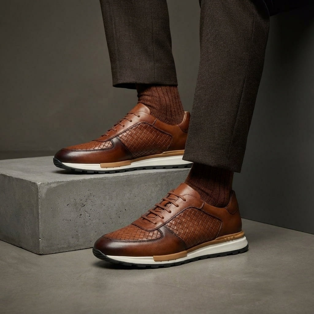 Herensneakers in leerlook met geperst vlechtmotief en witte profielzool - cognac
