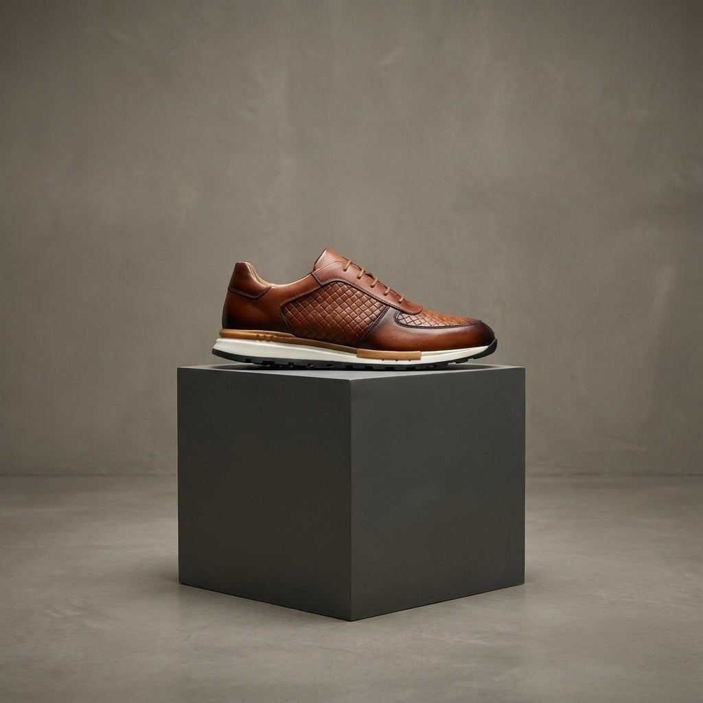 Herensneakers in leerlook met geperst vlechtmotief en witte profielzool - beeld 2