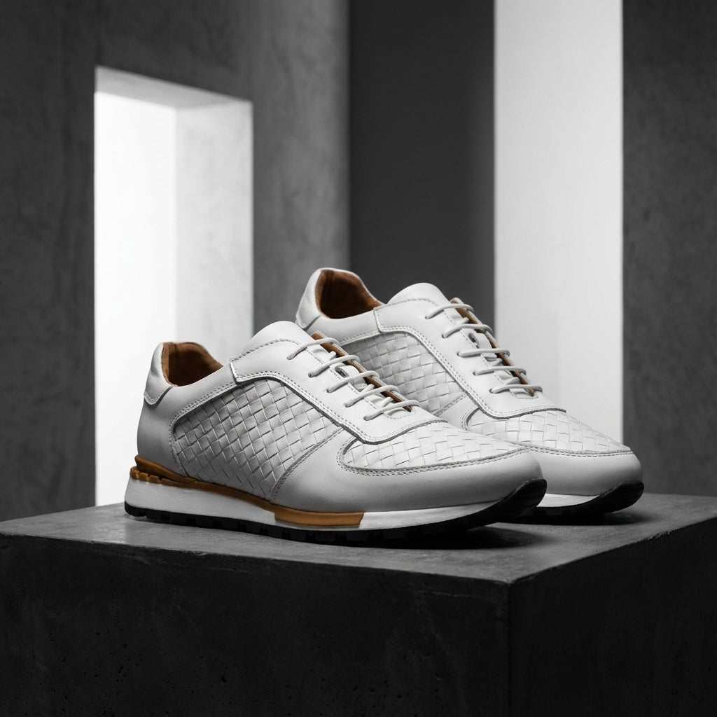 Herensneakers in leerlook met geperst vlechtmotief en witte profielzool - gebroken wit