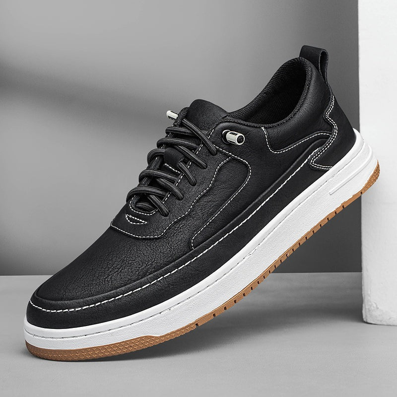 Lage herensneakers in leerlook met contraststiksel, witte zool en bruine loopzool - beeld 3
