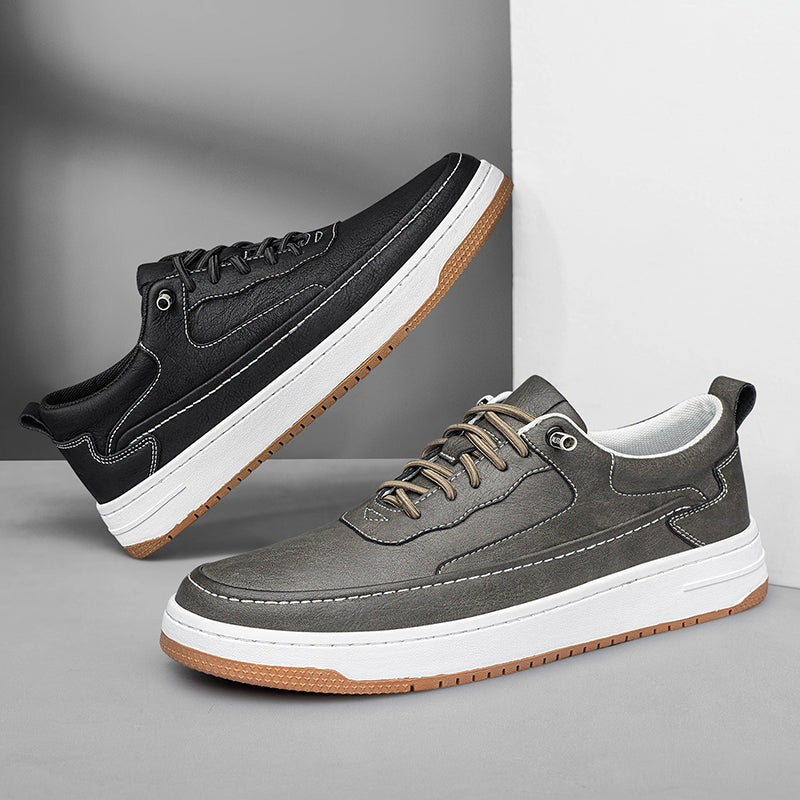 Lage herensneakers in leerlook met contraststiksel, witte zool en bruine loopzool - beeld 4