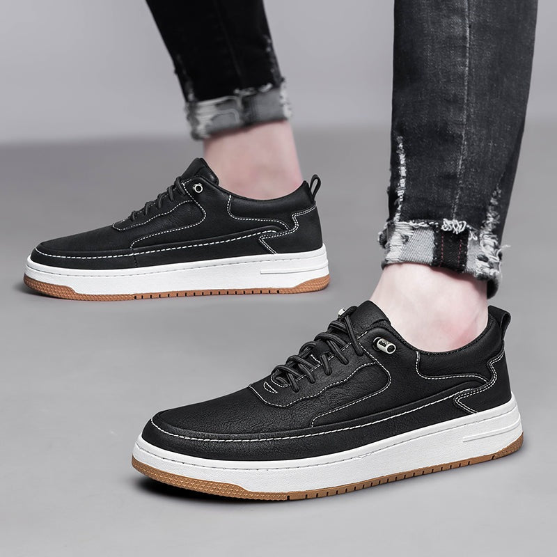 Lage herensneakers in leerlook met contraststiksel, witte zool en bruine loopzool - beeld 5
