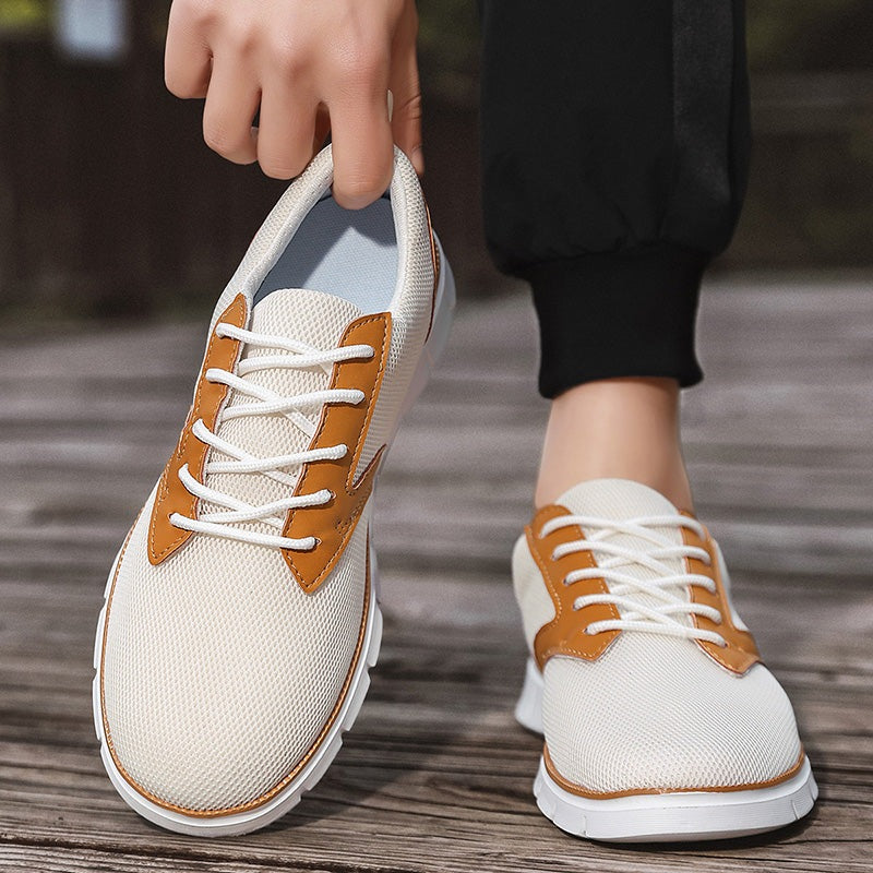 Herensneakers van mesh met zadelvormige inzet in leerlook, witte rubberen zool en hiellus - beeld 10