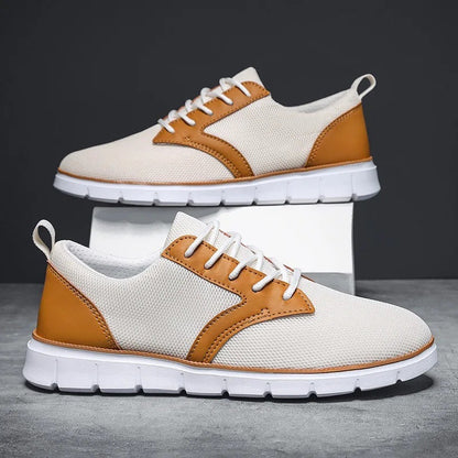 Herensneakers van mesh met zadelvormige inzet in leerlook, witte rubberen zool en hiellus - beeld 5
