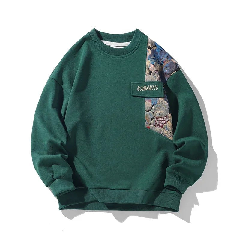 Herensweatshirt met ronde hals en gobelin inzet met teddyberen - flessengroen