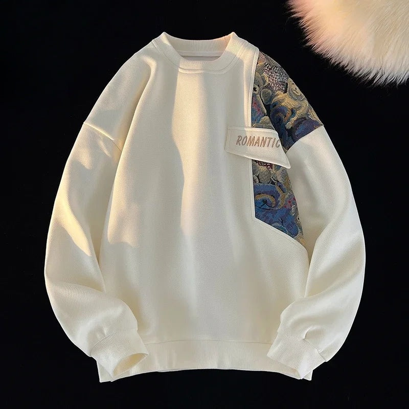 Herensweatshirt met ronde hals en gobelin inzet met teddyberen - crème