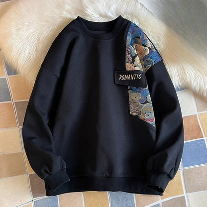 Herensweatshirt met ronde hals en gobelin inzet met teddyberen - zwart