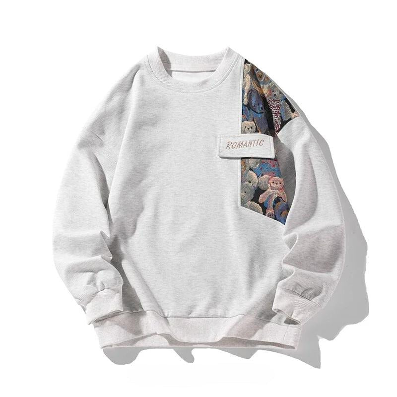 Herensweatshirt met ronde hals en gobelin inzet met teddyberen - lichtgrijs