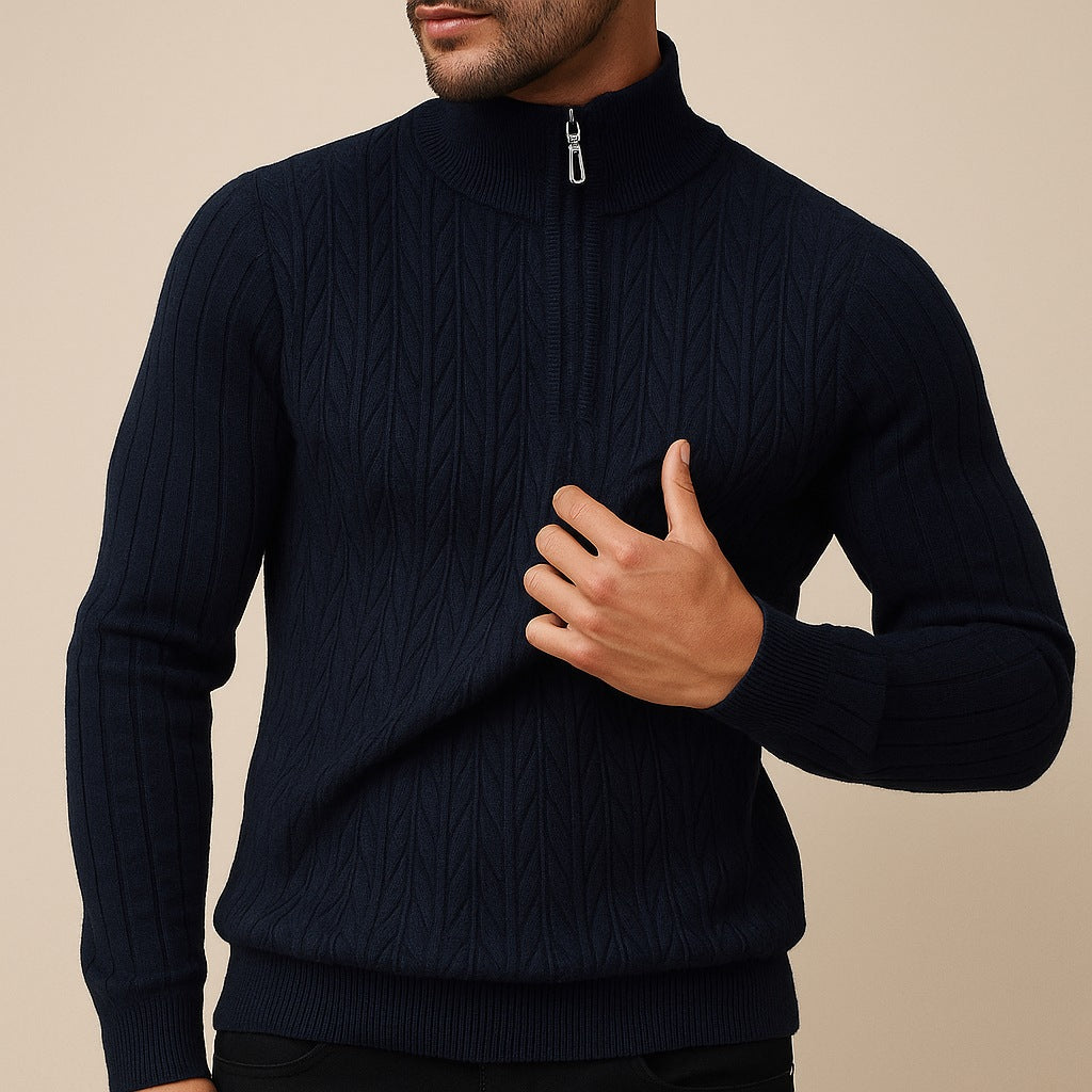 Herentrui met halve rits, opstaande kraag en verticale visgraatribbels - marineblauw