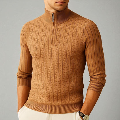 Herentrui met halve rits, opstaande kraag en verticale visgraatribbels - camel