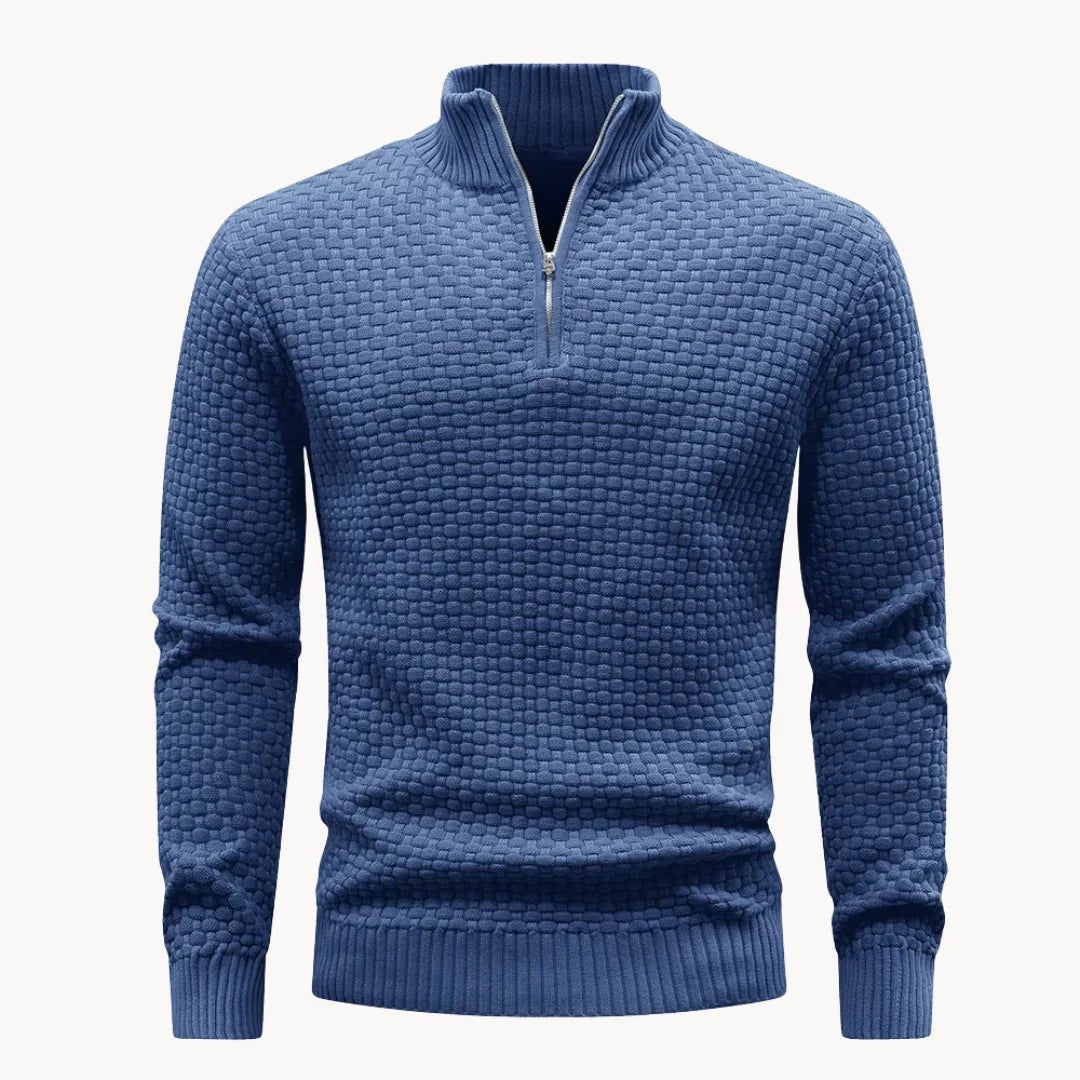 Gebreide herentrui met korte rits en honingraatbreisel - blauw