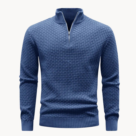Gebreide herentrui met korte rits en honingraatbreisel - blauw