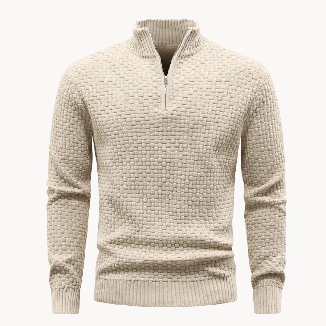 Gebreide herentrui met korte rits en honingraatbreisel - beige