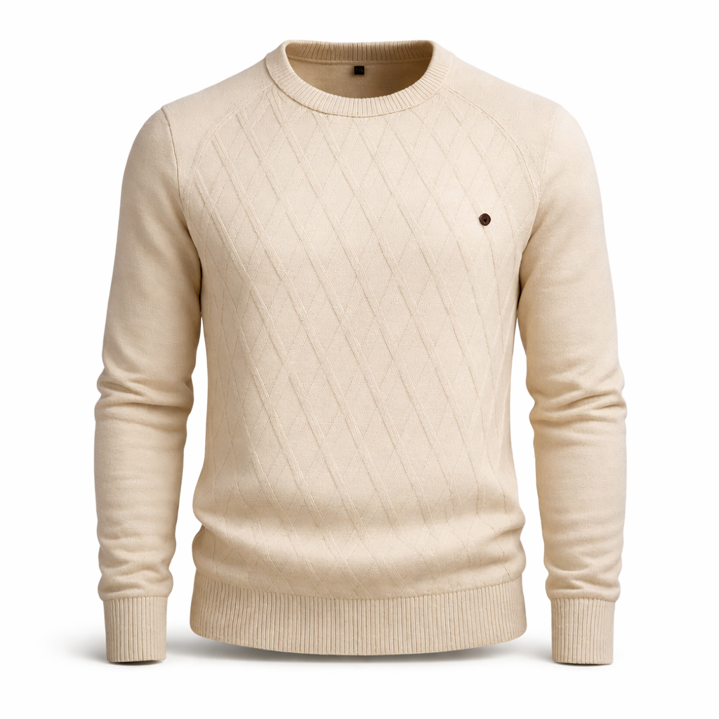 Gebreide herentrui met ruitmotief in reliëf en ronde hals - beige