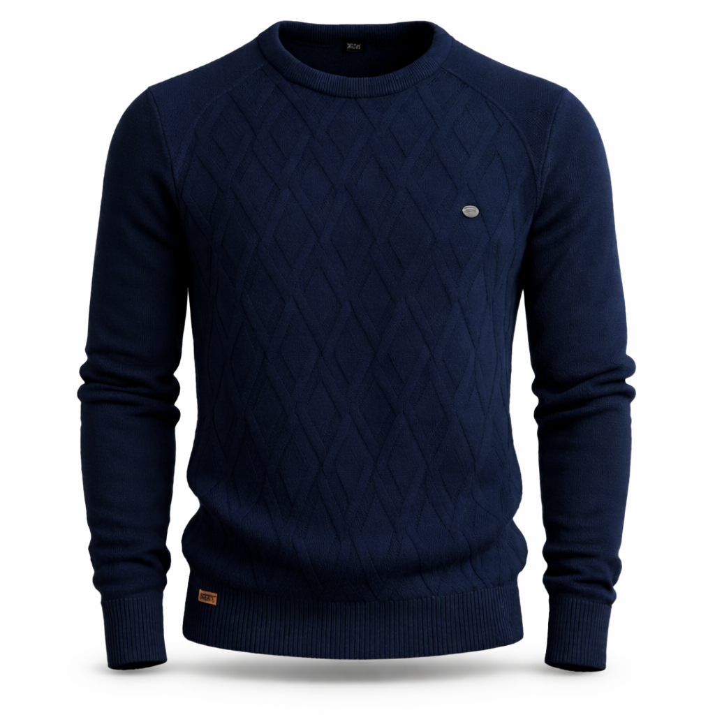 Gebreide herentrui met ruitmotief in reliëf en ronde hals - marineblauw