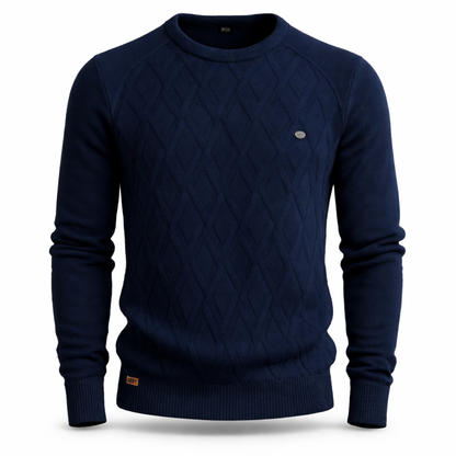 Gebreide herentrui met ruitmotief in reliëf en ronde hals - marineblauw