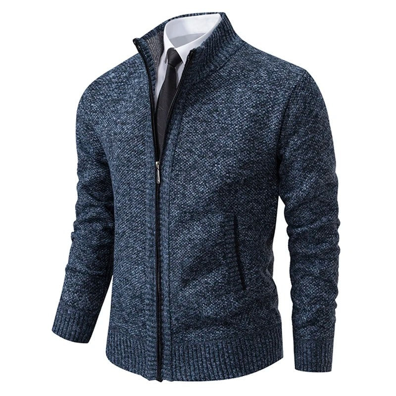 Gebreid herenvest in wollook met rits en staande kraag - blauw