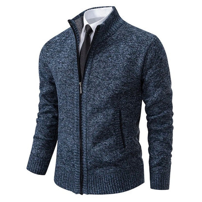 Gebreid herenvest in wollook met rits en staande kraag - blauw