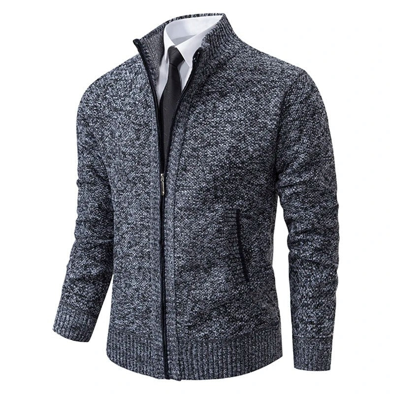 Gebreid herenvest in wollook met rits en staande kraag - marineblauw