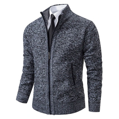 Gebreid herenvest in wollook met rits en staande kraag - marineblauw