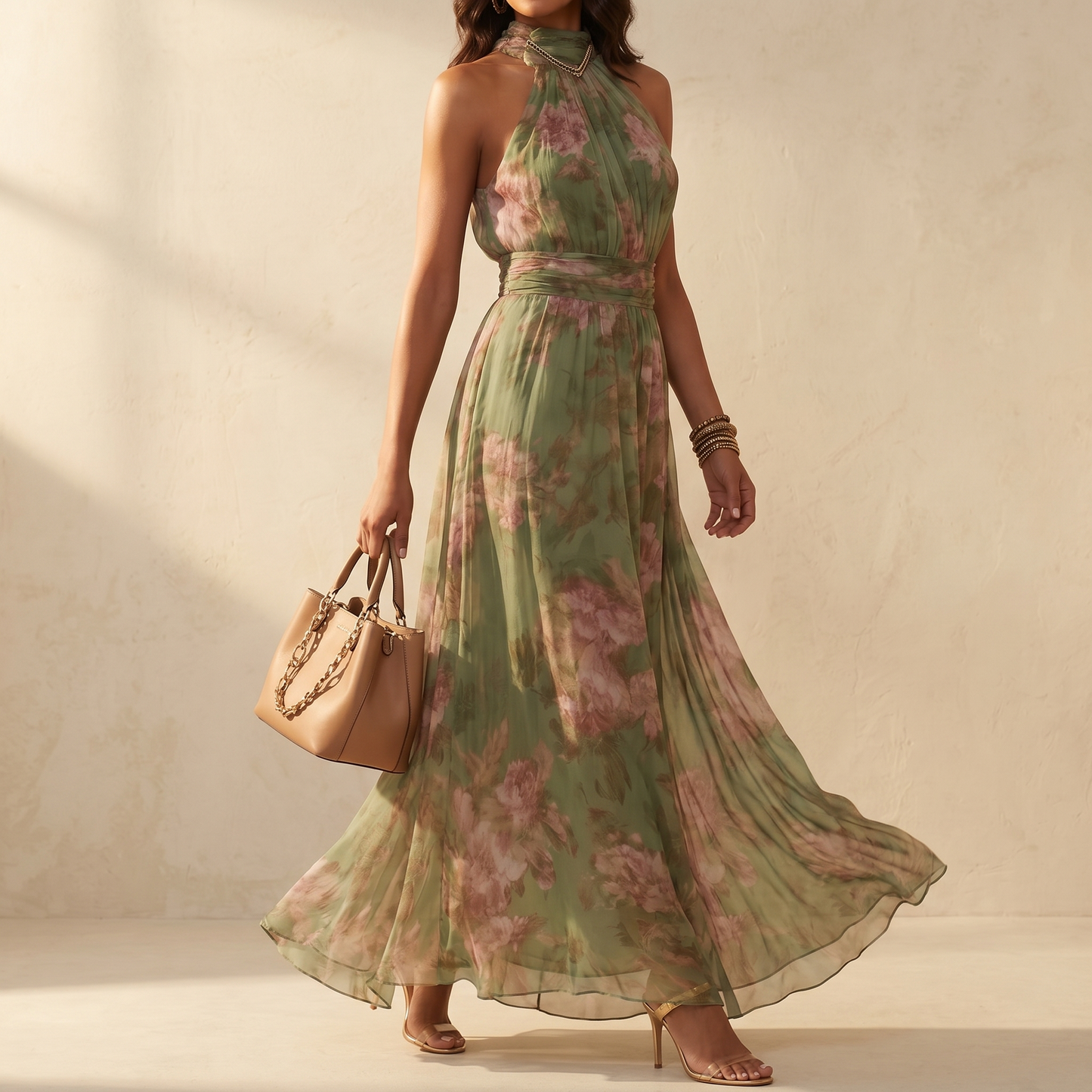 Halter maxi-jurk dames met bloemenprint - detailfoto