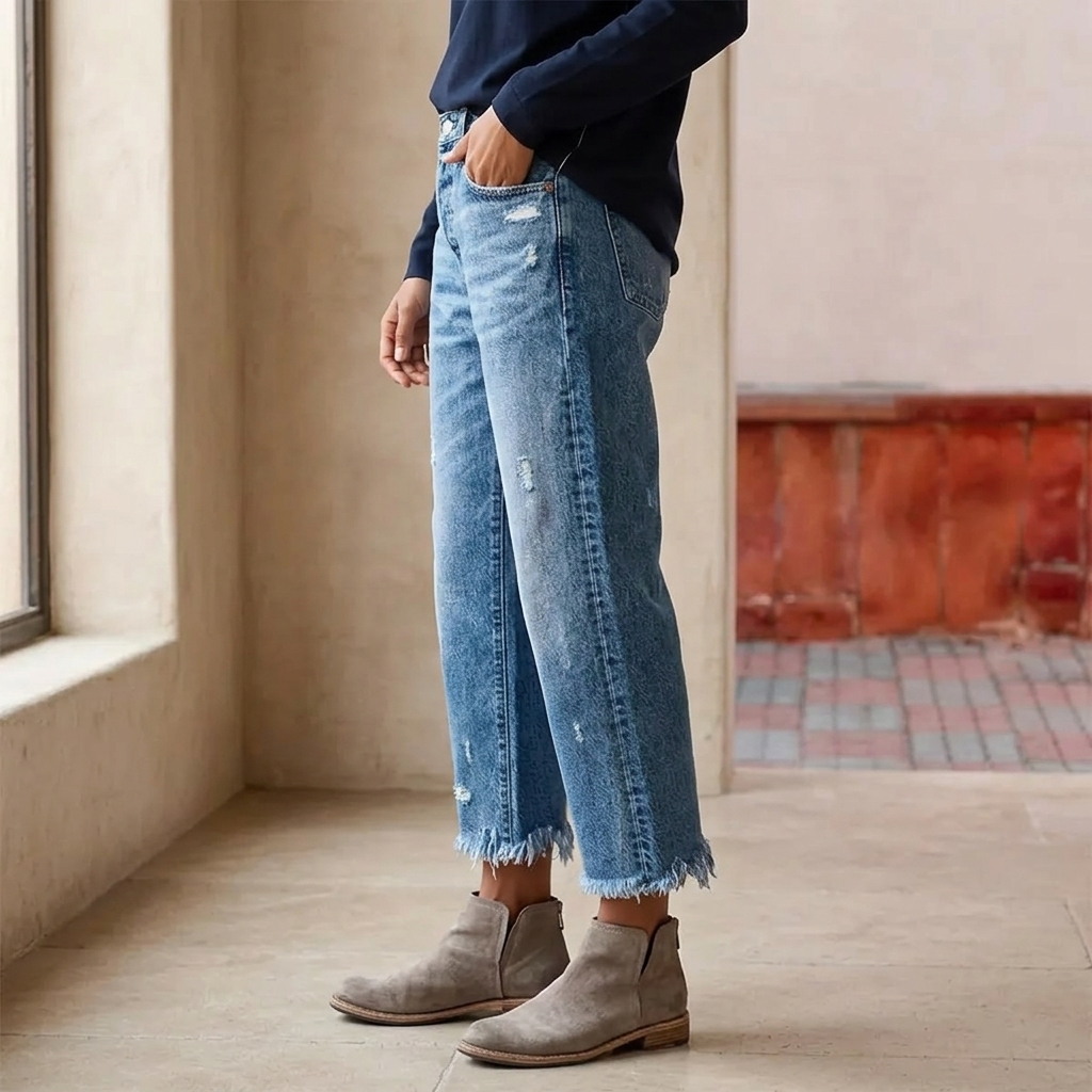 Cropped jeans dames met rafelzoom - detailfoto