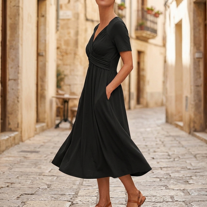 Midi-jurk dames met gekruiste V-hals - detailfoto