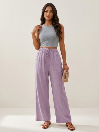 Wide leg broek dames met elastische taille en trekkoord