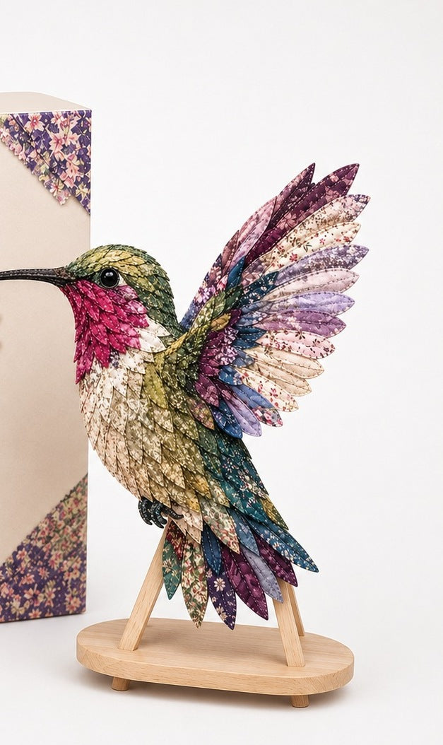 Hobbypakket 3D vogel van stof met gelaagde veren - kolibrie robijnrood