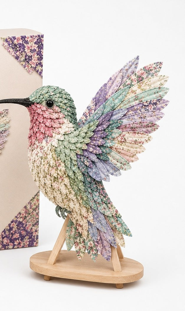 Hobbypakket 3D vogel van stof met gelaagde veren - kolibrie pastel