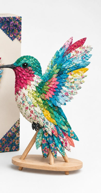 Hobbypakket 3D vogel van stof met gelaagde veren - kolibrie regenboog