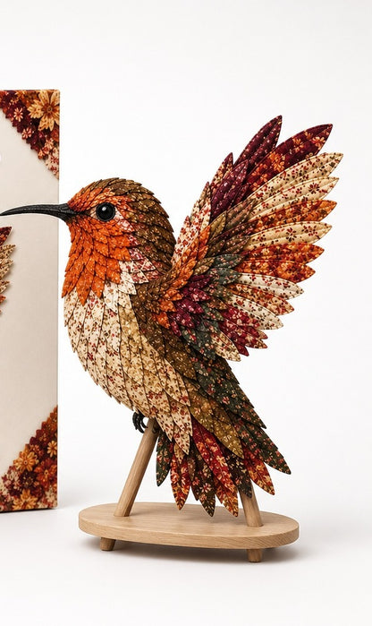 Hobbypakket 3D vogel van stof met gelaagde veren - kolibrie herfsttinten