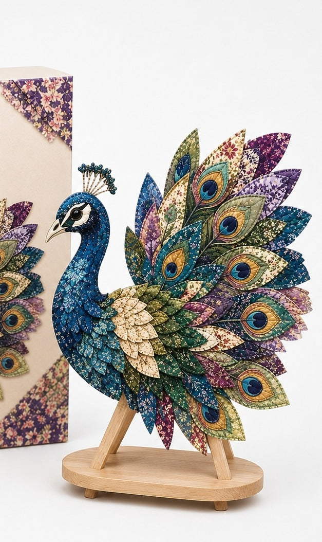Hobbypakket 3D vogel van stof met gelaagde veren - pauw