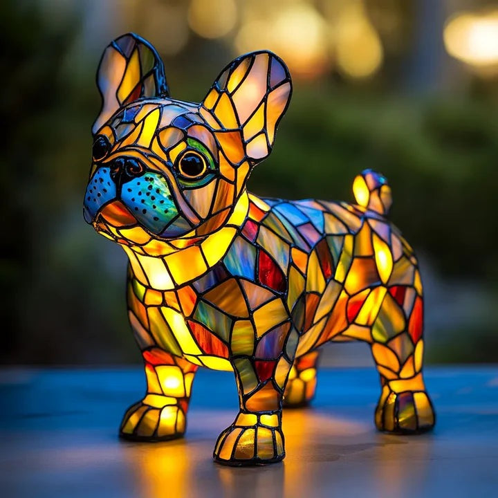 Hondenlamp in glas-in-loodlook met gekleurde vlakjes in oranje, geel, rood en blauw - franse bulldog