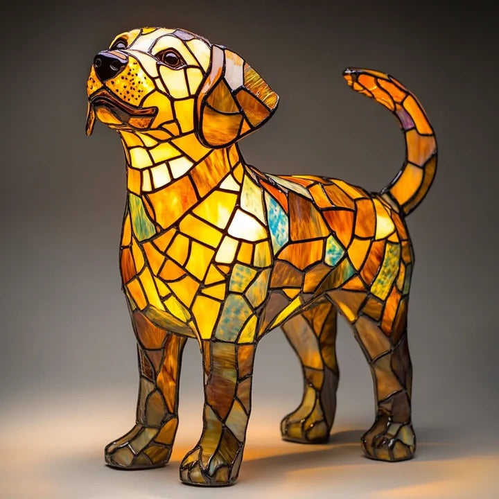 Hondenlamp in glas-in-loodlook met gekleurde vlakjes in oranje, geel, rood en blauw - labrador