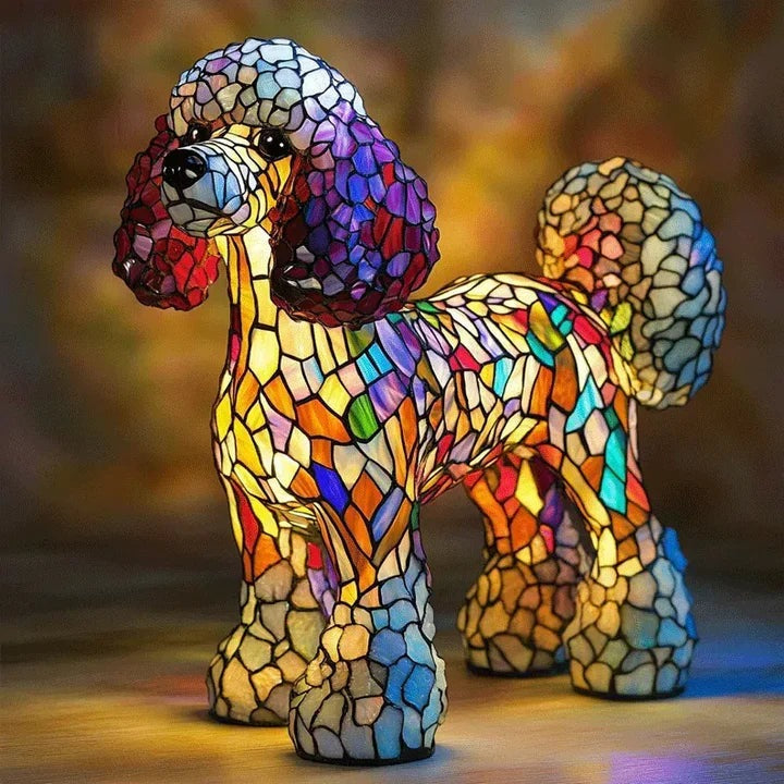 Hondenlamp in glas-in-loodlook met gekleurde vlakjes in oranje, geel, rood en blauw - poedel