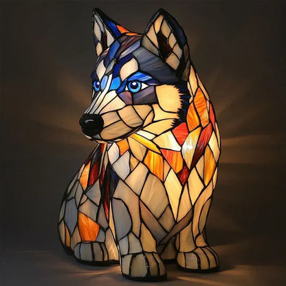 Hondenlamp in glas-in-loodlook met gekleurde vlakjes in oranje, geel, rood en blauw - husky