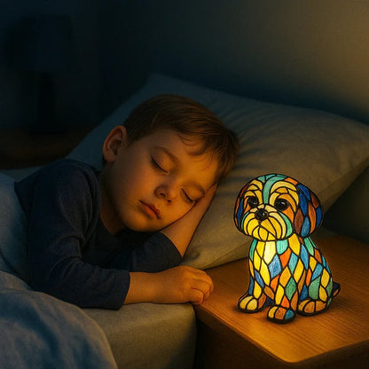 Hondenlamp in glas-in-loodlook met gekleurde vlakjes in oranje, geel, rood en blauw