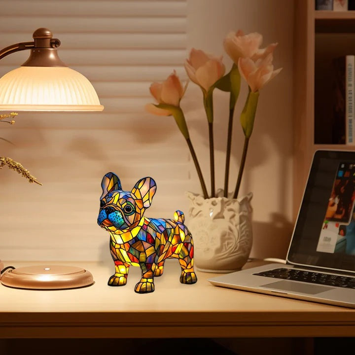 Hondenlamp in glas-in-loodlook met gekleurde vlakjes in oranje, geel, rood en blauw