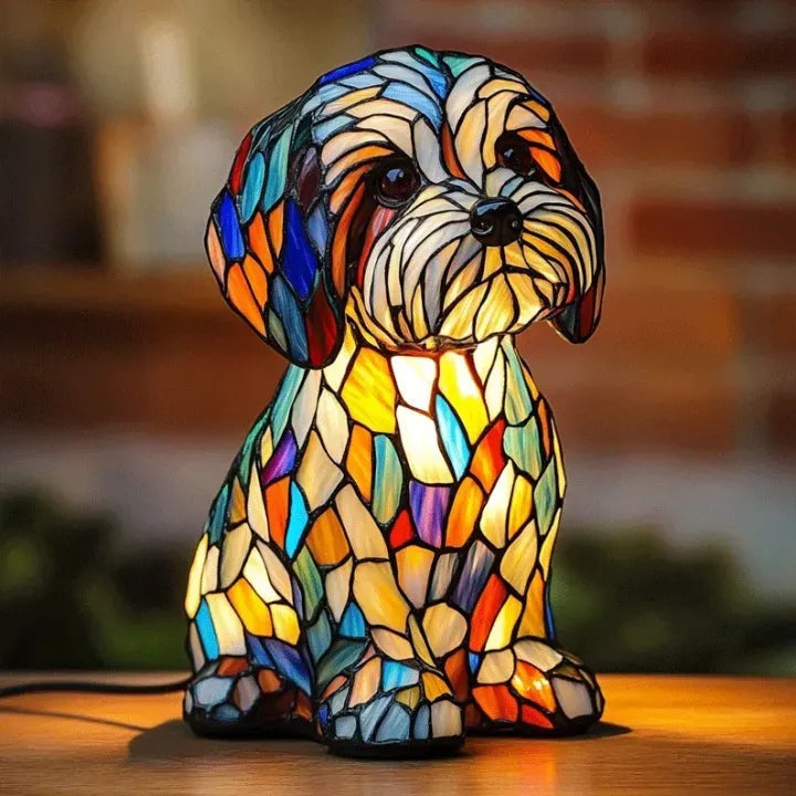 Hondenlamp in glas-in-loodlook met gekleurde vlakjes in oranje, geel, rood en blauw - maltezer