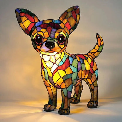 Hondenlamp in glas-in-loodlook met gekleurde vlakjes in oranje, geel, rood en blauw - chihuahua