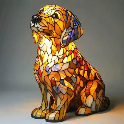 Hondenlamp in glas-in-loodlook met gekleurde vlakjes in oranje, geel, rood en blauw - golden retriever