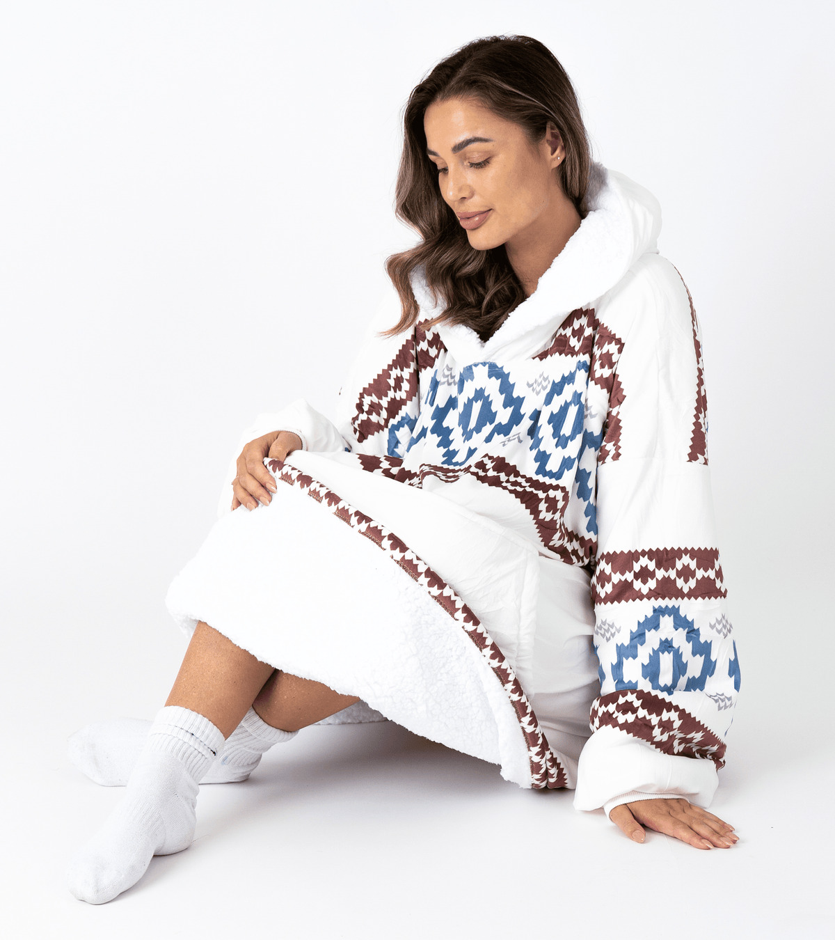 Witte Hoodie Deken met Azteekse Print en Sherpa