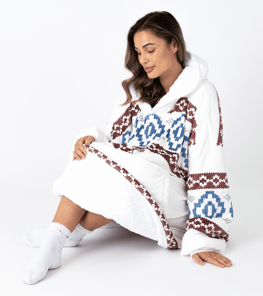 Witte Hoodie Deken met Azteekse Print en Sherpa