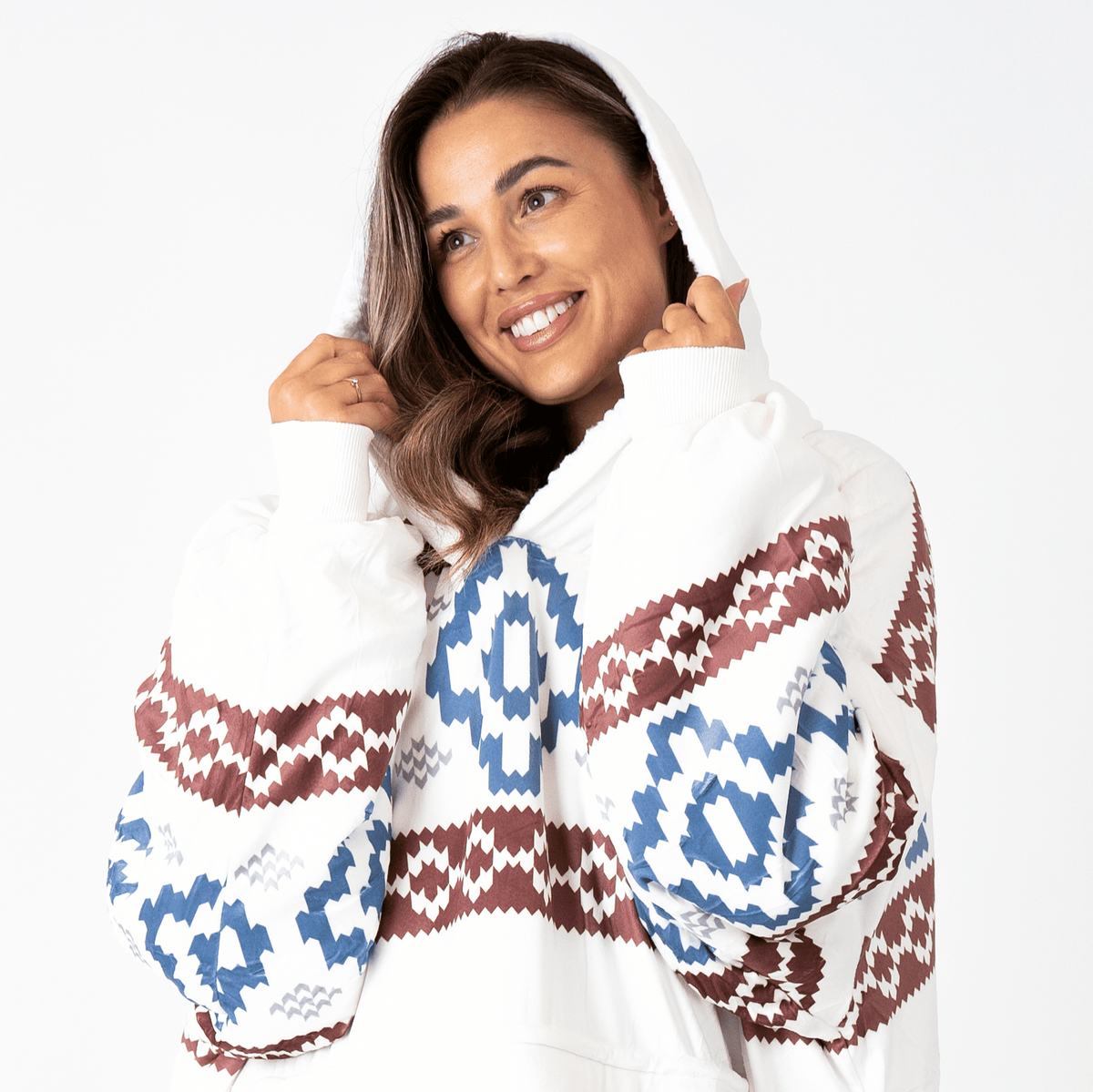 Witte Hoodie Deken met Azteekse Print en Sherpa