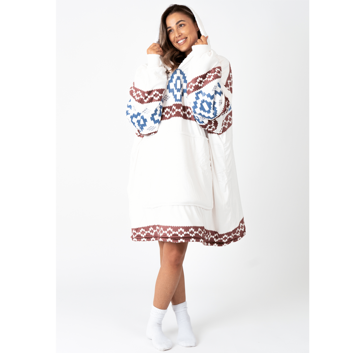 Witte Hoodie Deken met Azteekse Print en Sherpa