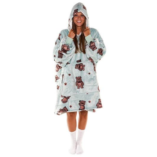 Mintgroene Hoodie Deken met Teddybeerprint en Sherpa