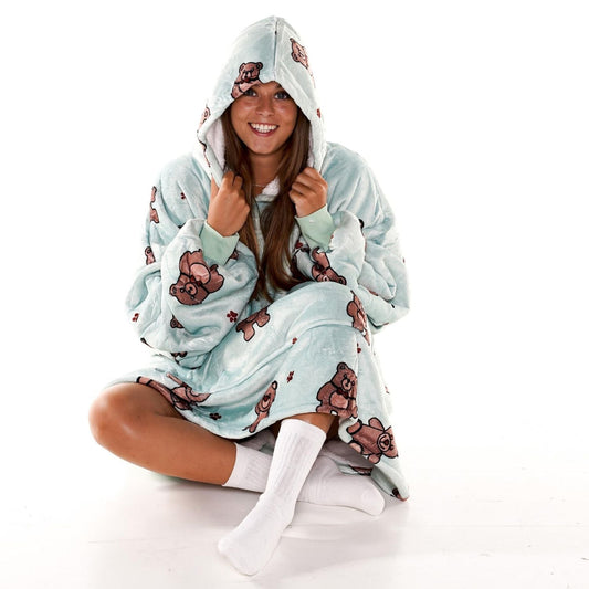 Mintgroene Hoodie Deken met Teddybeerprint en Sherpa