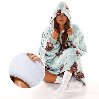 Mintgroene Hoodie Deken met Teddybeerprint en Sherpa
