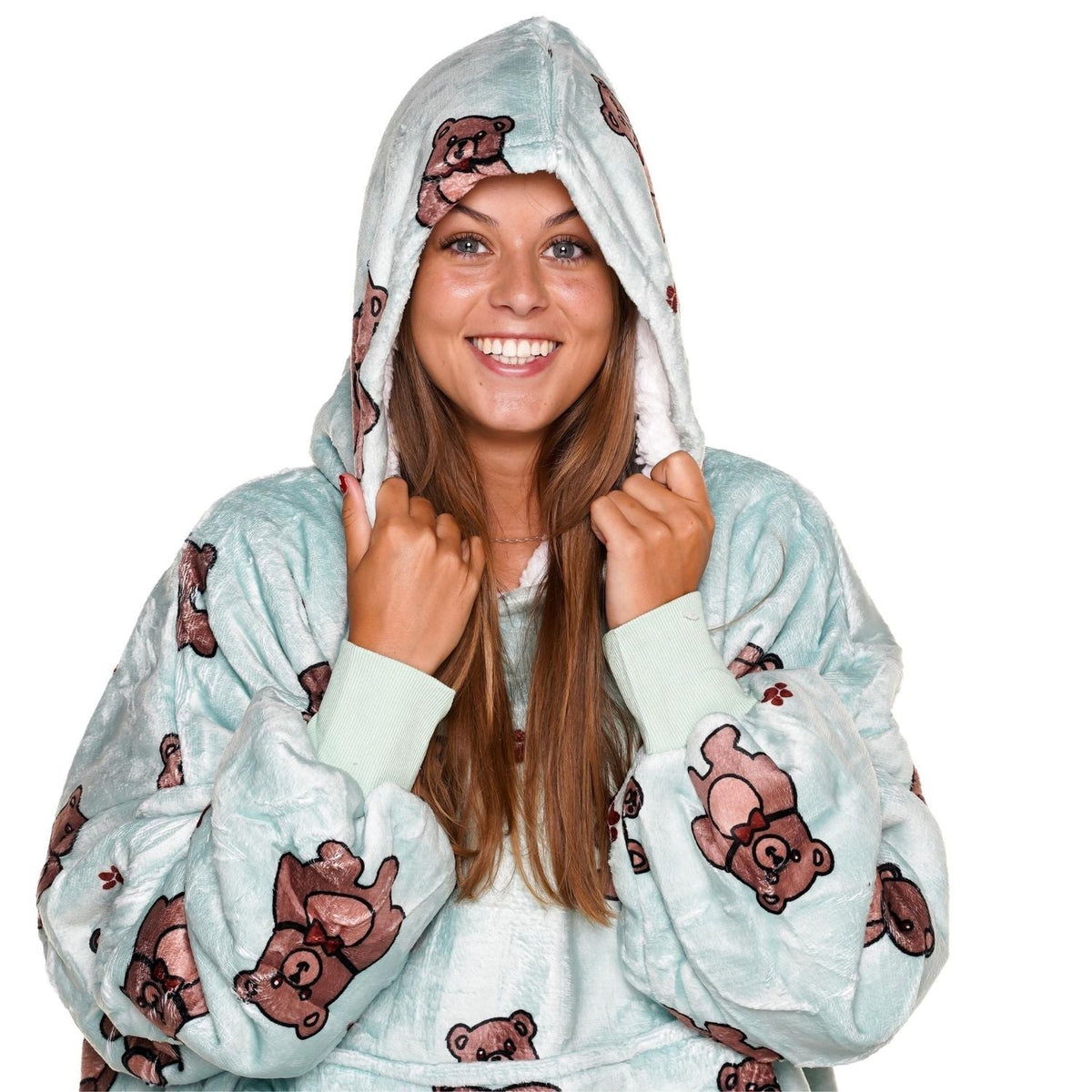 Mintgroene Hoodie Deken met Teddybeerprint en Sherpa